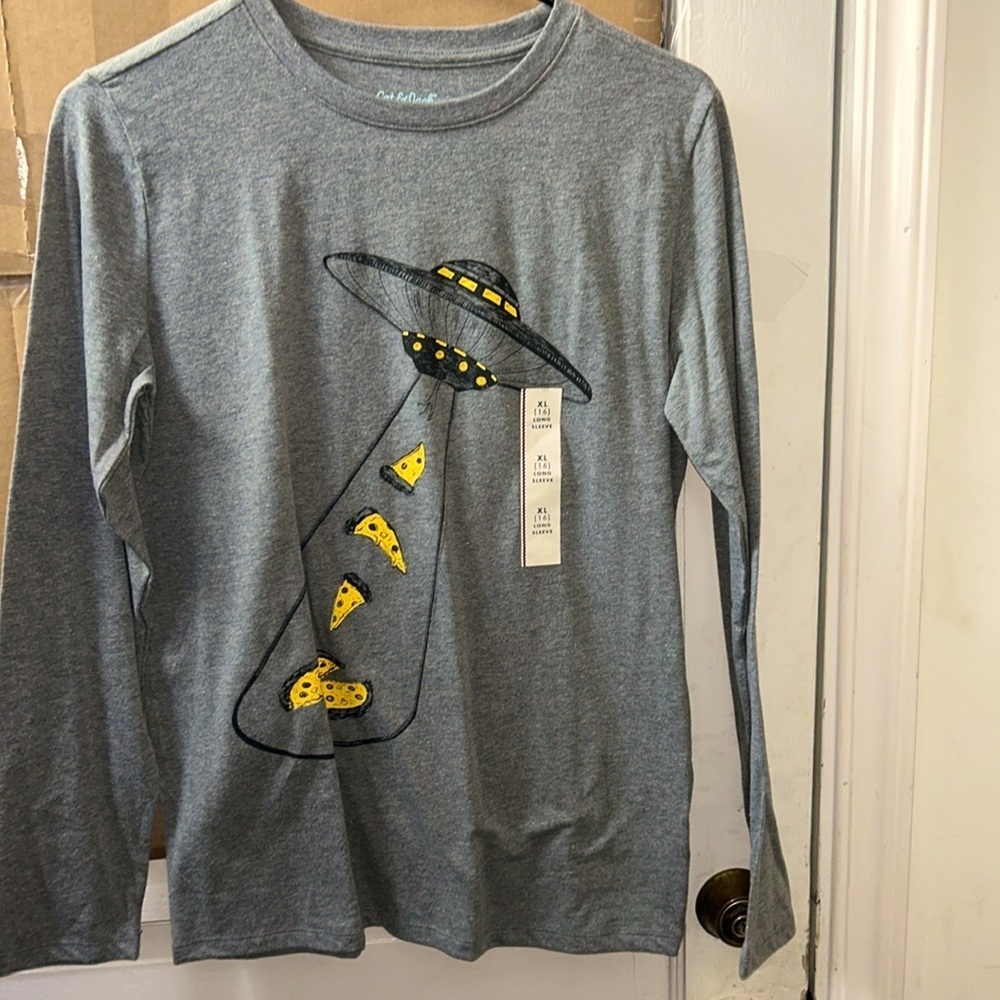 Cat & Jack Boys Gray Long Sleeve Pizza Spaceship NWT